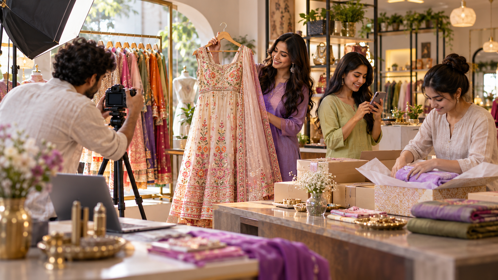 Illustrative Indian fashion boutique team producing social content and fulfilling an online order